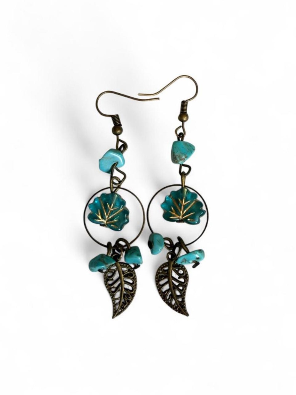 Handmade Boho Turquoise & Filigree Leaf Hoop Earrings